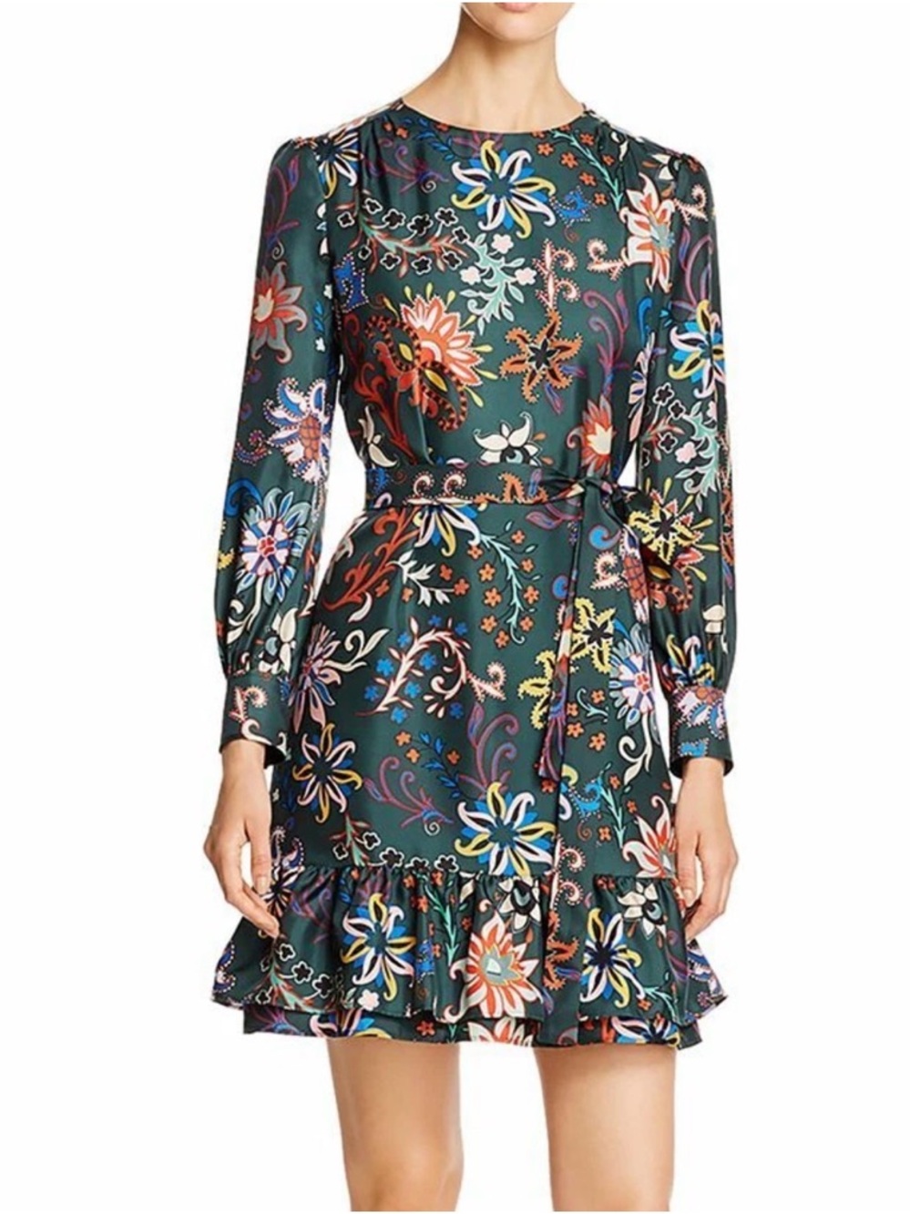 Tory Burch Green Belted Floral Print Silk Layered Ruffle Hem Dress Size 6